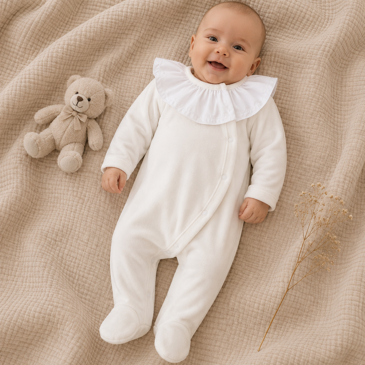 Babygrow de Veludo Pérola com Gola de Folho