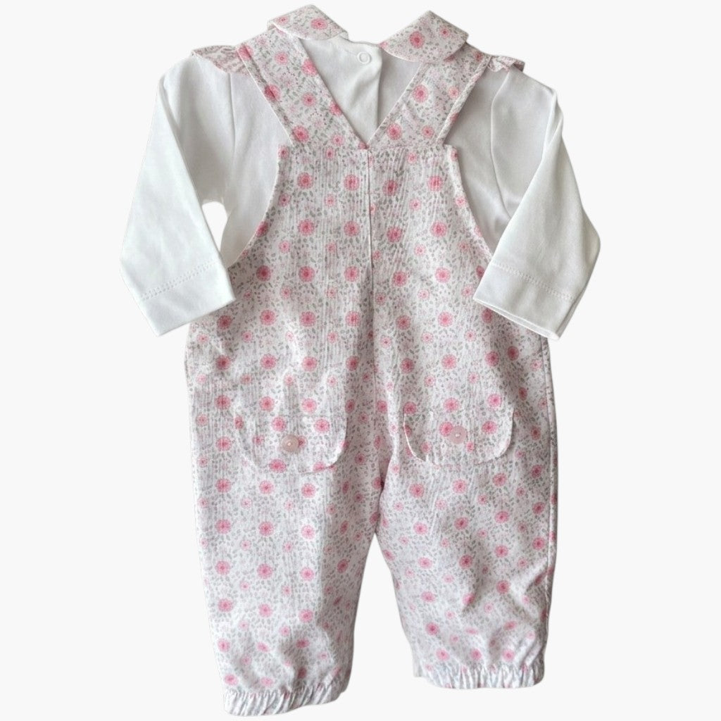 Conjunto Macacão Jardineira Bebê Floral Rosa com Camisa