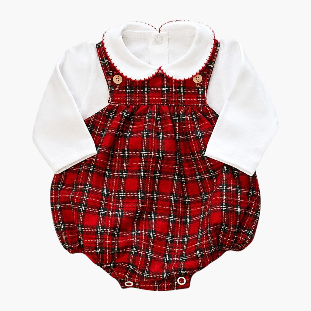 Encanto Clássico em Cada Detalhe: Conjunto Infantil Xadrez Vermelho com Gola