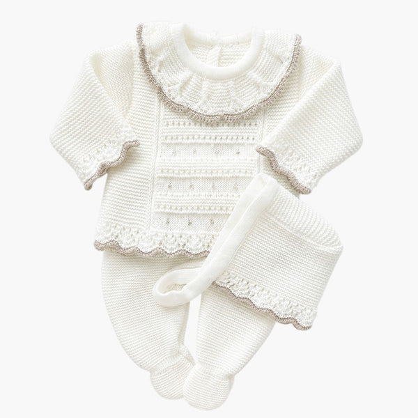 Conjunto de Malha para Bebé Branco Pérola-3 Peças