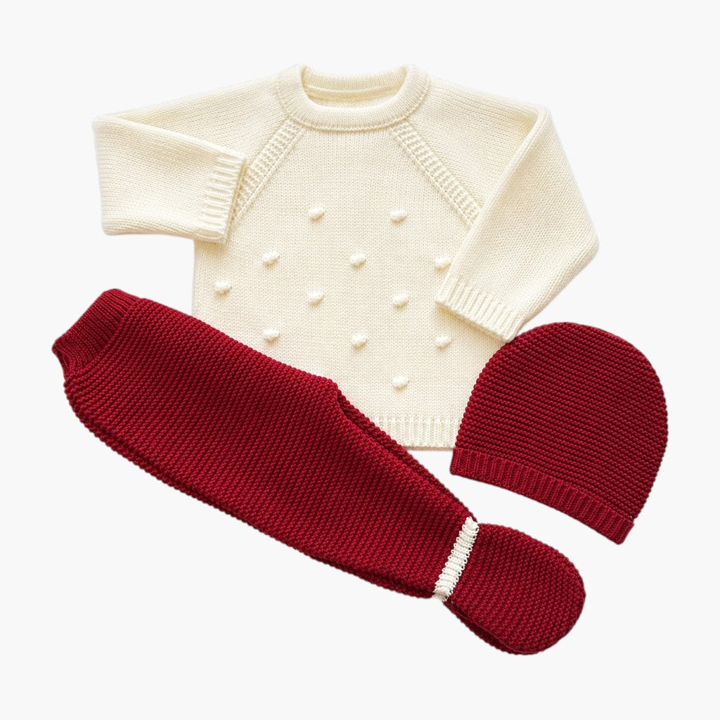 Conjunto de Malha para Bebé com Gorro Creme e Bordô LOLO