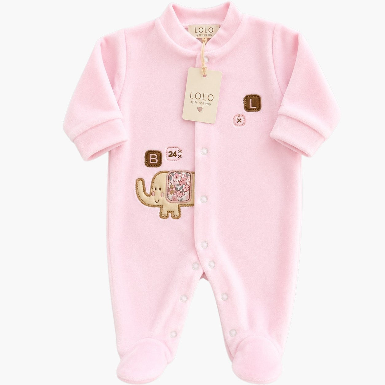 Babygrow de Veludo Rosa Bebé com Aplicação Elefante