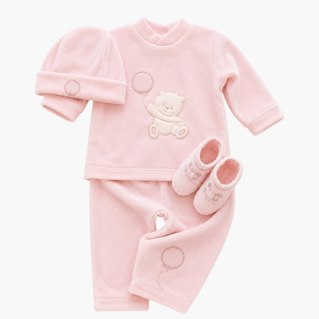 Conjunto de 4 Peças em Veludo Rosa com Bordado Ursinho