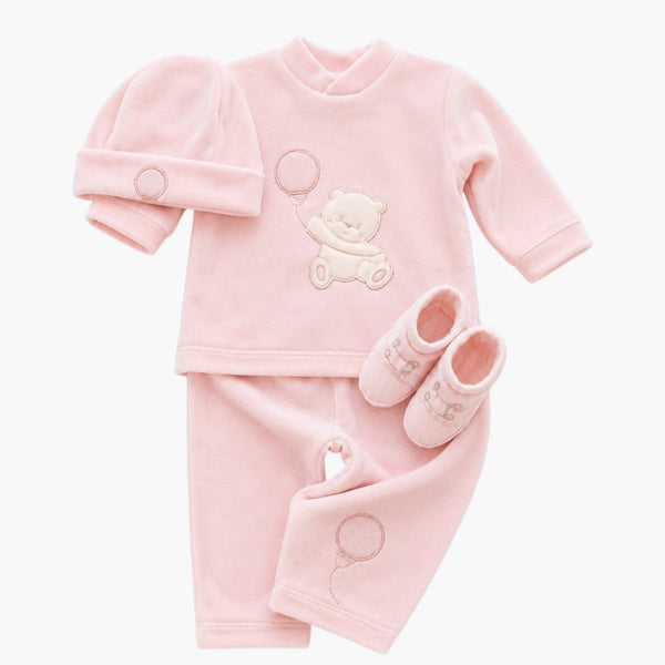 Conjunto de 4 Peças em Veludo Rosa com Bordado Ursinho