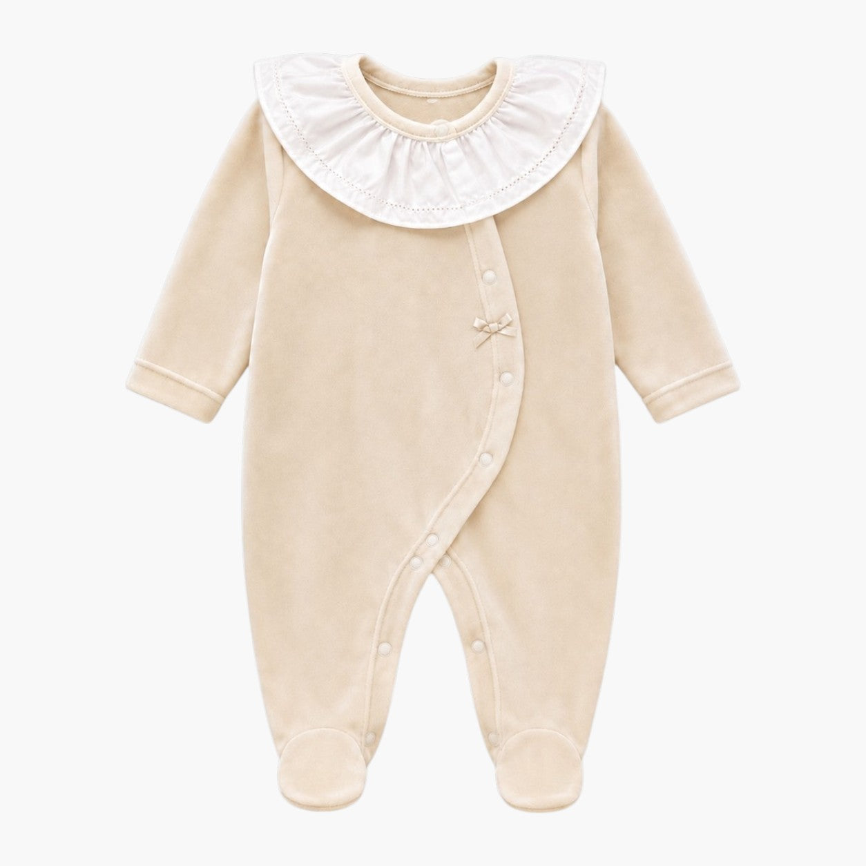Babygrow de Veludo Bege com Gola Branca de Folho