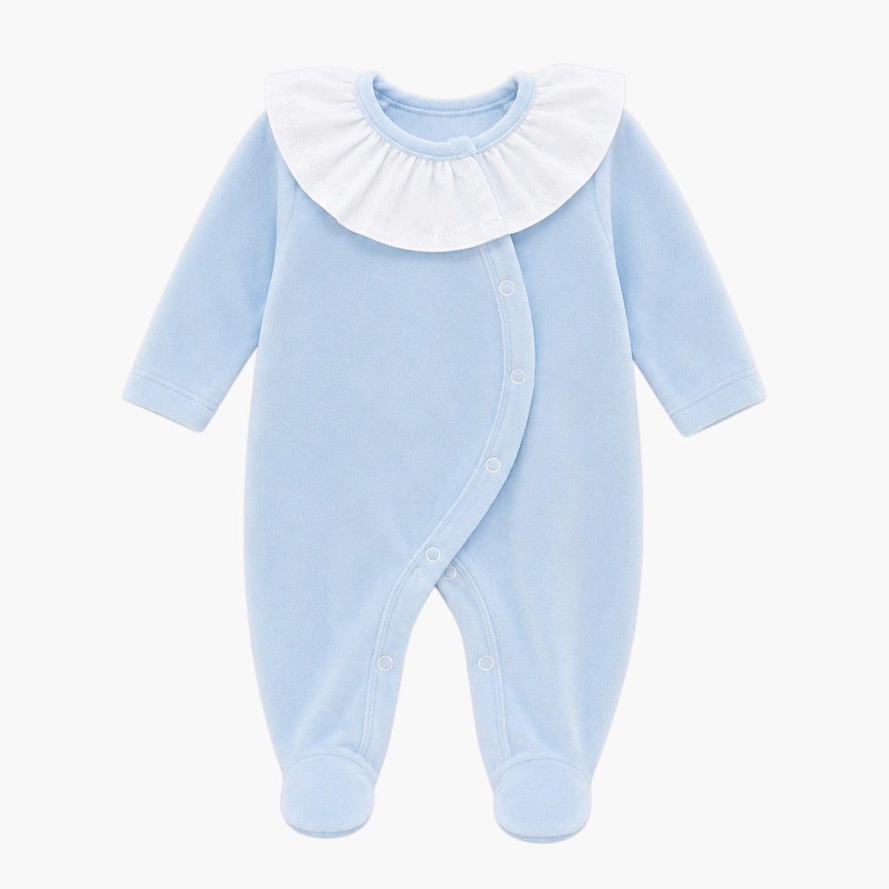 Babygrow de Veludo Azul Bebé com Gola de Folho