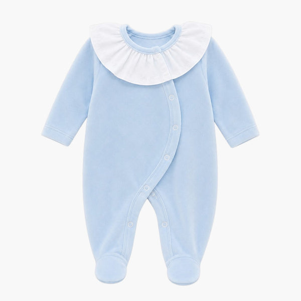 Babygrow de Veludo Azul Bebé com Gola de Folho