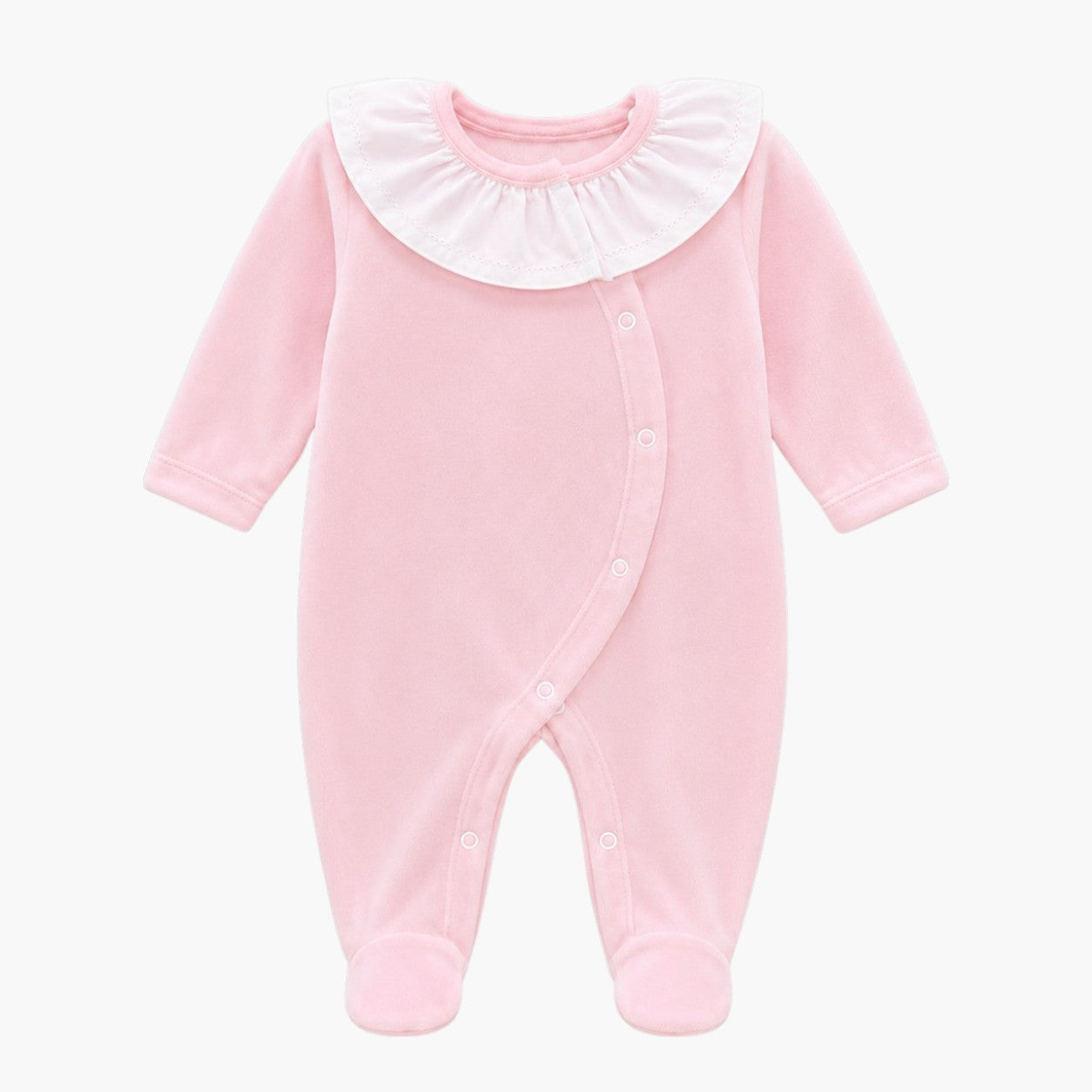 Babygrow de Veludo Rosa Bebé com Gola de Folho