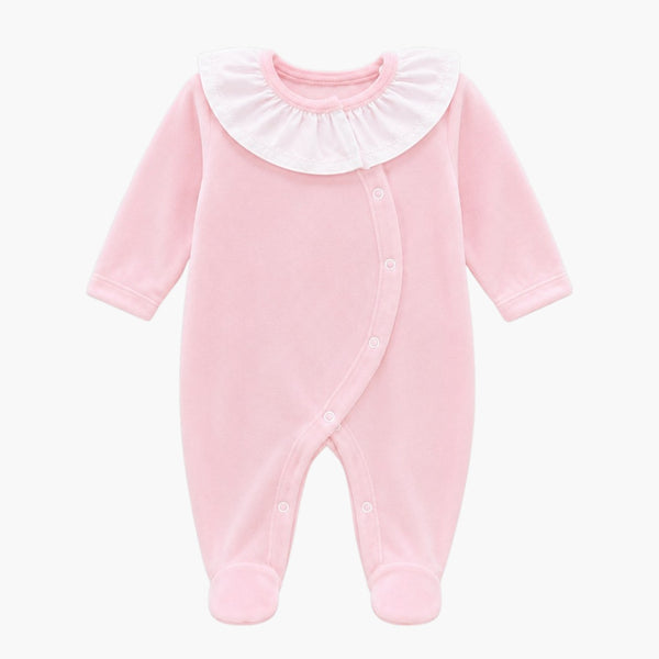 Babygrow de Veludo Rosa Bebé com Gola de Folho