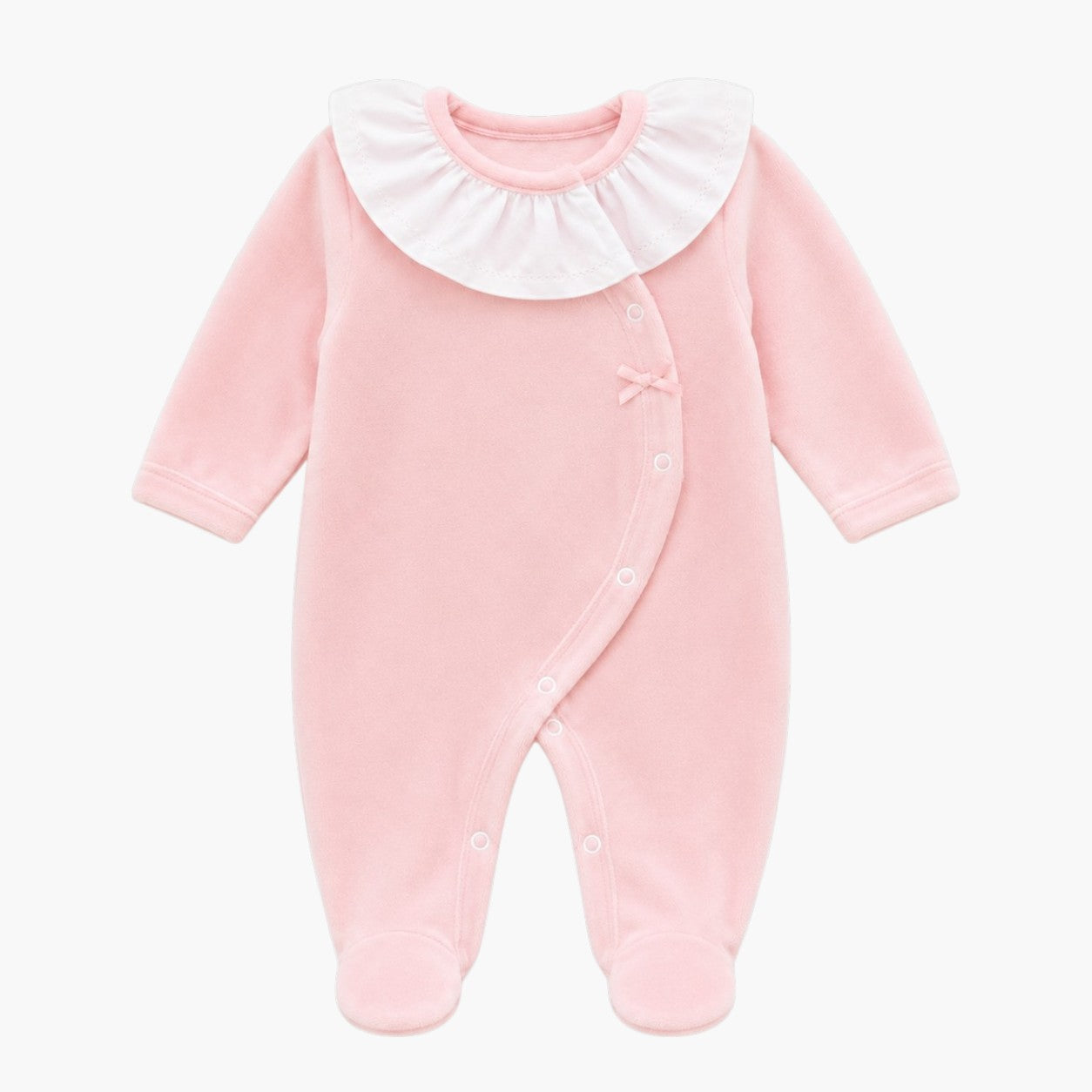 Babygrow de Veludo Rosa Pastel com Gola de Folho