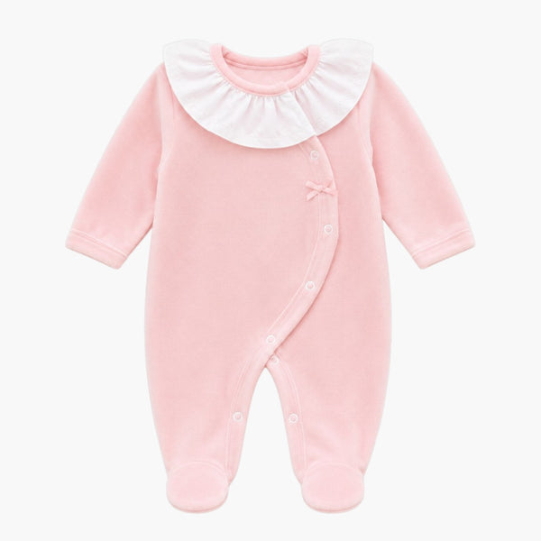 Babygrow de Veludo Rosa Pastel com Gola de Folho