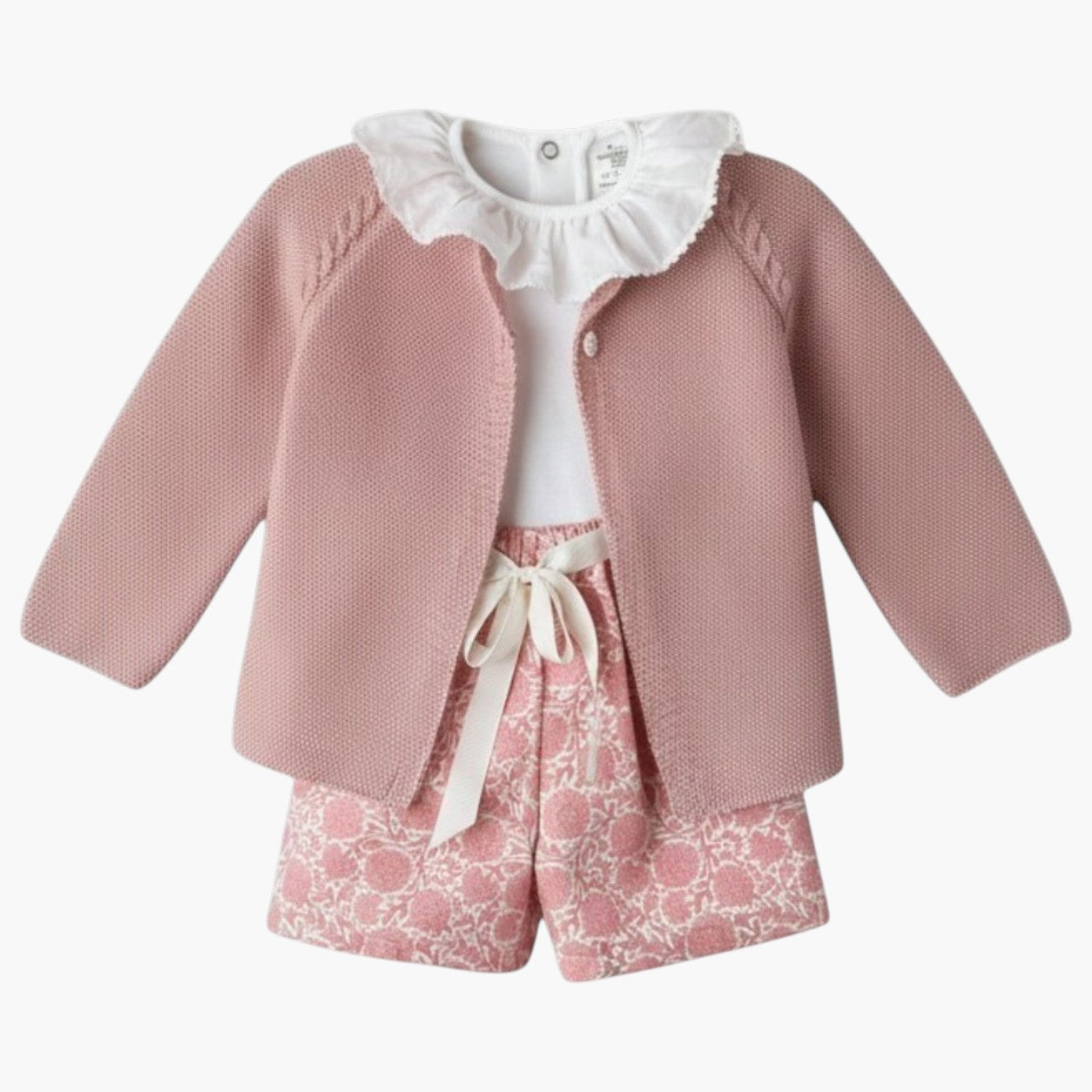 Conjunto Rosa com Casaco de Malha, Camisola e Calções