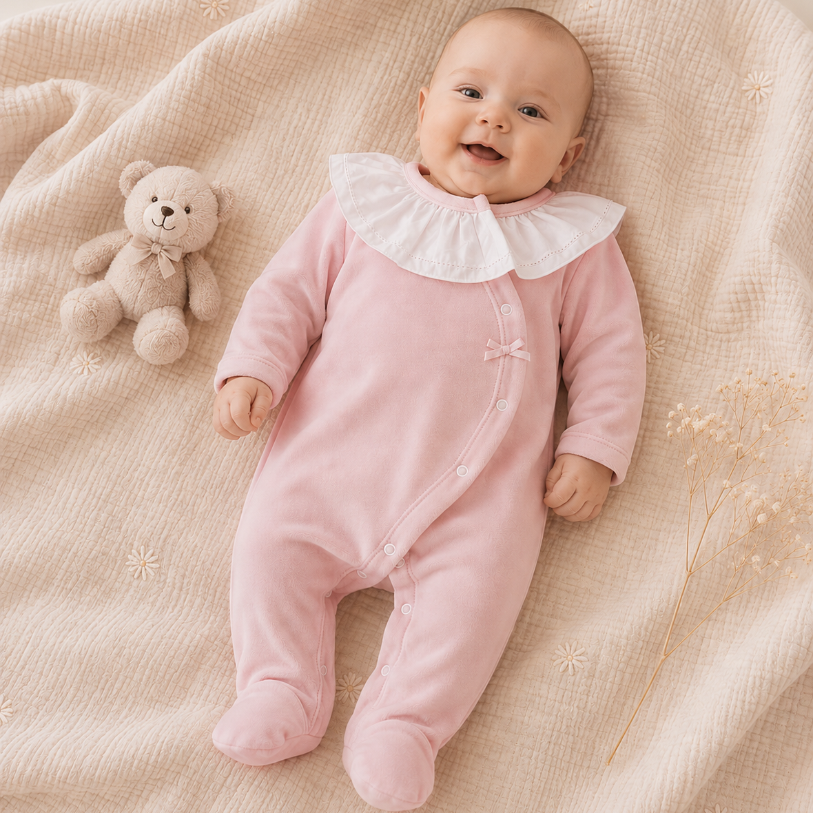 Babygrow de Veludo Rosa Pastel com Gola de Folho