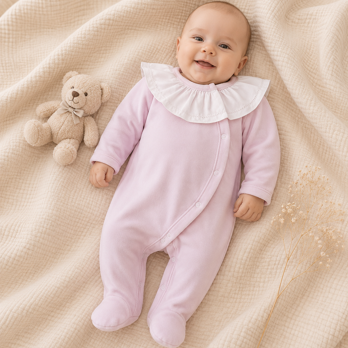 Babygrow de Veludo Rosa Bebé com Gola de Folho