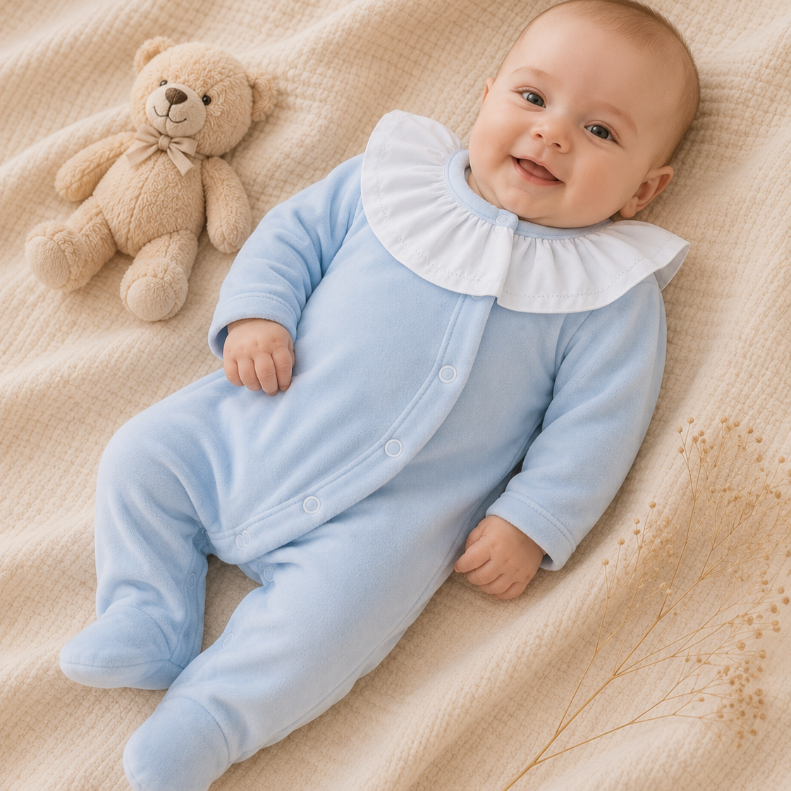 Babygrow de Veludo Azul Bebé com Gola de Folho