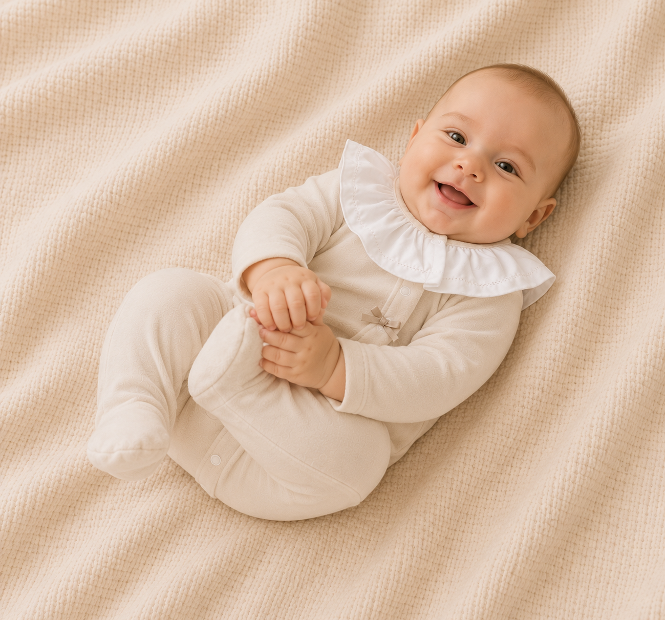 Babygrow de Veludo Bege com Gola Branca de Folho