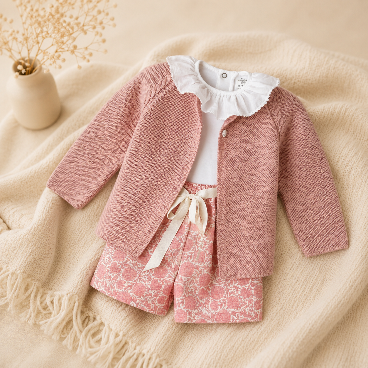 Conjunto Rosa com Casaco de Malha, Camisola e Calções