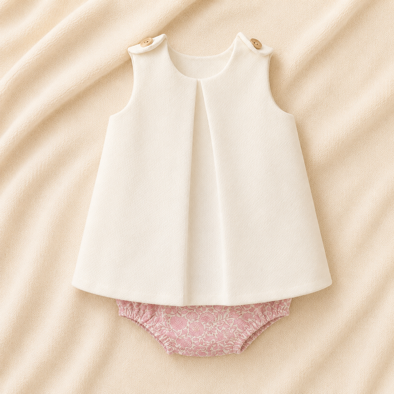 Conjunto Pérola Floral com Vestido e Tapa-Fraldas