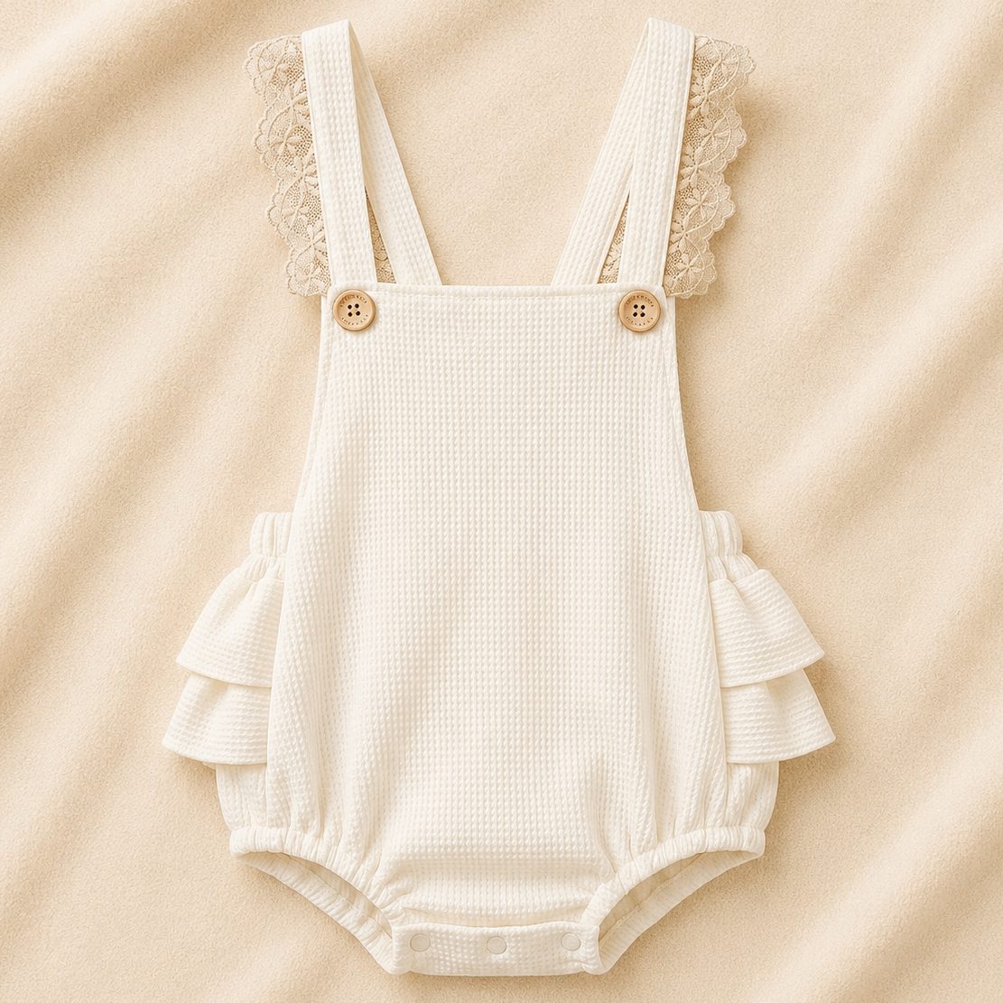 Romper Encanto Natural Off-White com Renda e Laço