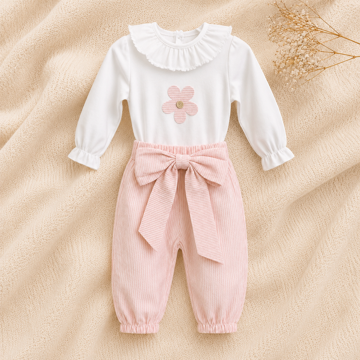 Conjunto de Bebé Menina com Camisola Branca e Calça Rosa com Laço