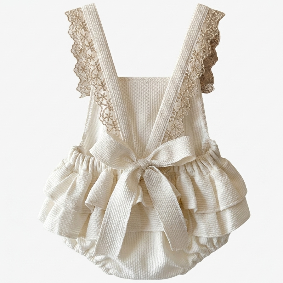 Romper Encanto Natural Off-White com Renda e Laço